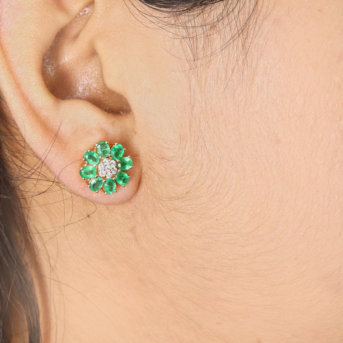 Yellow/White Handmade Emerald/Blue Sapphire Studs Earring 14K Gold