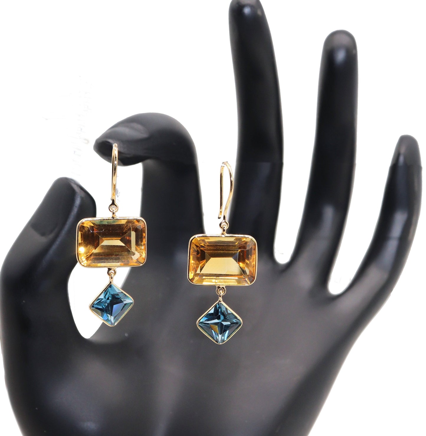 Yellow Handmade Blue Topaz Citrine Hanging Earring 18K Gold