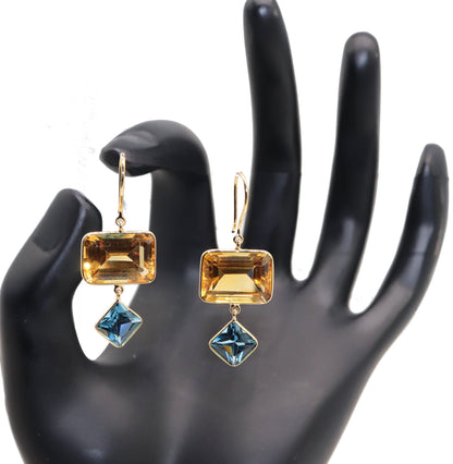 Yellow Handmade Blue Topaz Citrine Hanging Earring 18K Gold