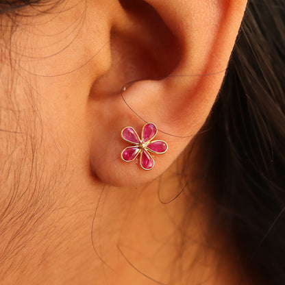 Yellow Floral Handmade Ruby Hanging Earring 18K Gold