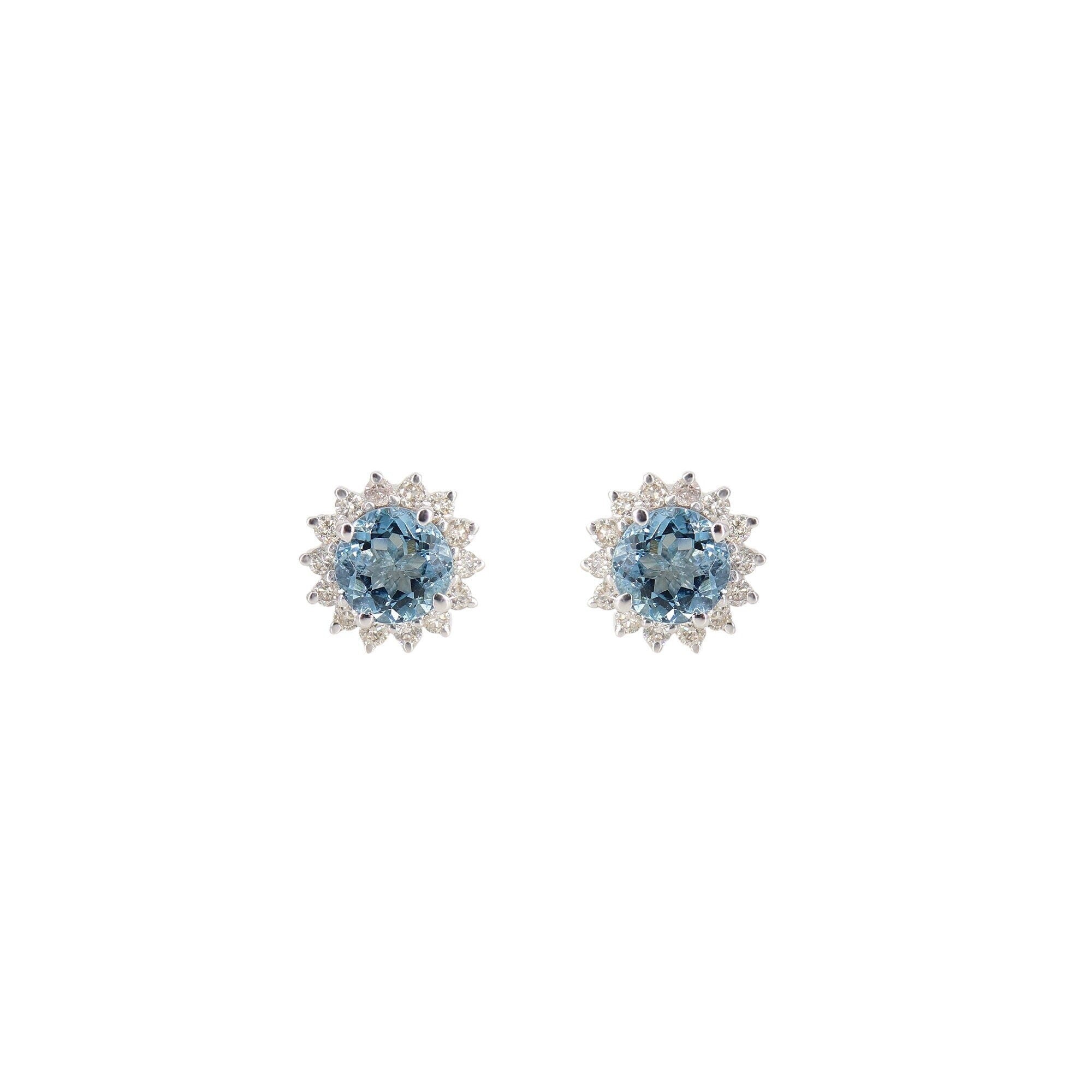 White Studs Studded Genuine Aquamarine & Round Stud Earring 14K Gold