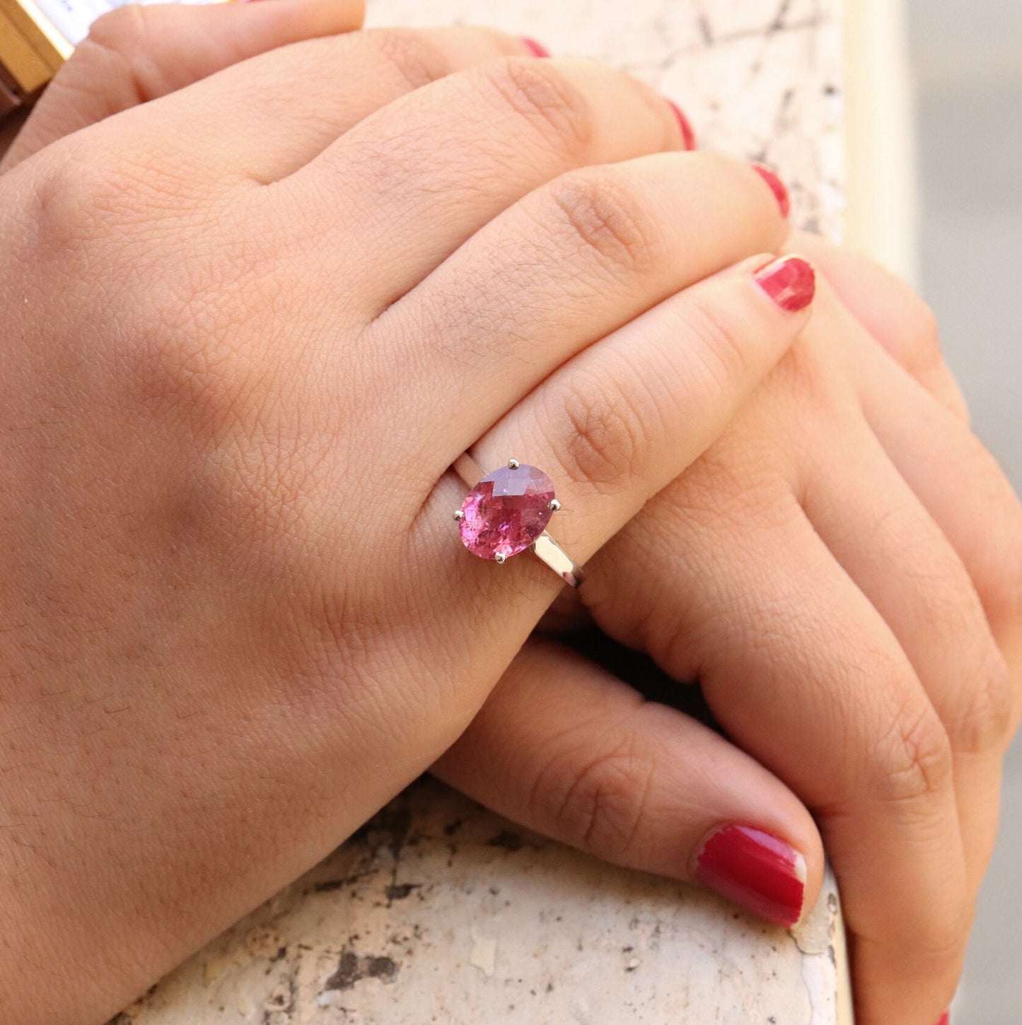 Checker Cut Nice Pink Tourmaline Ring 14K Gold