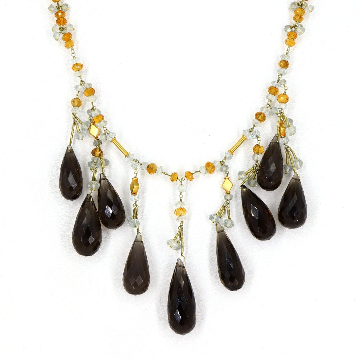 Smoky Quartz Citrine Aquamarine Purple Amethyst Beaded Necklace 14K Gold