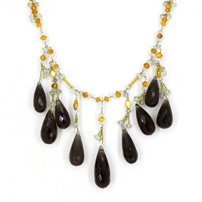 Smoky Quartz Citrine Aquamarine Purple Amethyst Beaded Necklace 14K Gold