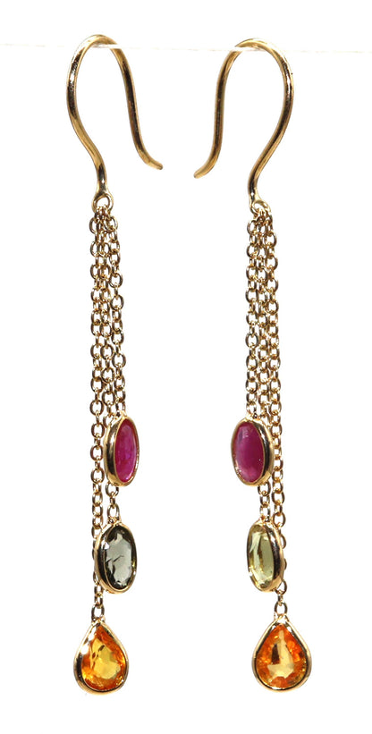 Yellow Handmade Multi Sapphire Ruby Hanging Earring 18K Gold