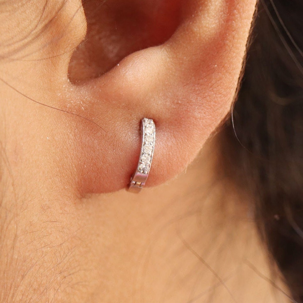 Cartilage Daith Helix Tragus Conch Rook Snug Huggie Hinge Hoop Piercing Unisex Hoops White Hoops Earring 18K Gold