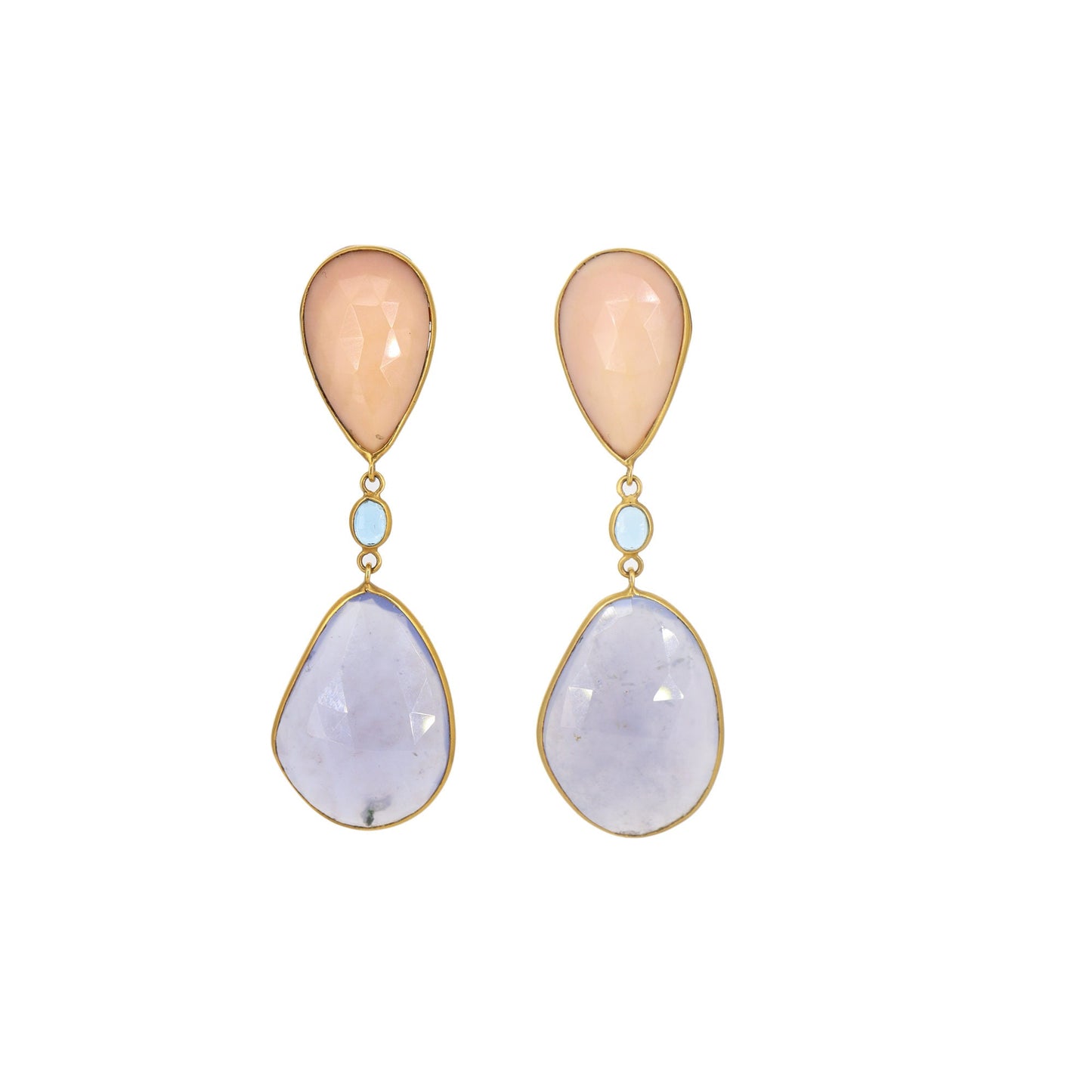 Pink Opal Blue Chalcedony London Blue Topaz Earring 18K Gold