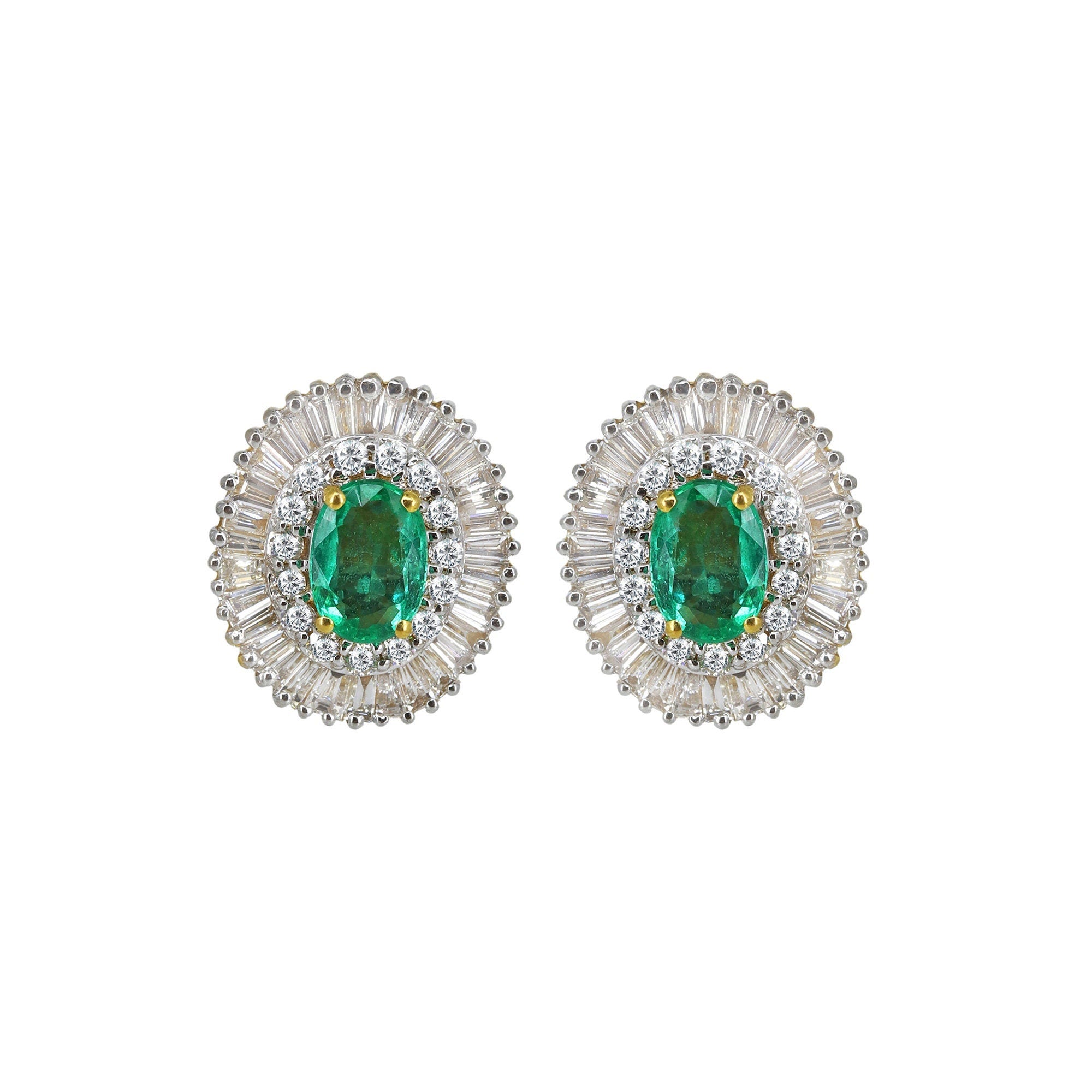 Yellow Studs Oval Cut Emerald & Tapered Baguette Cut Elegant Earring 18K Gold