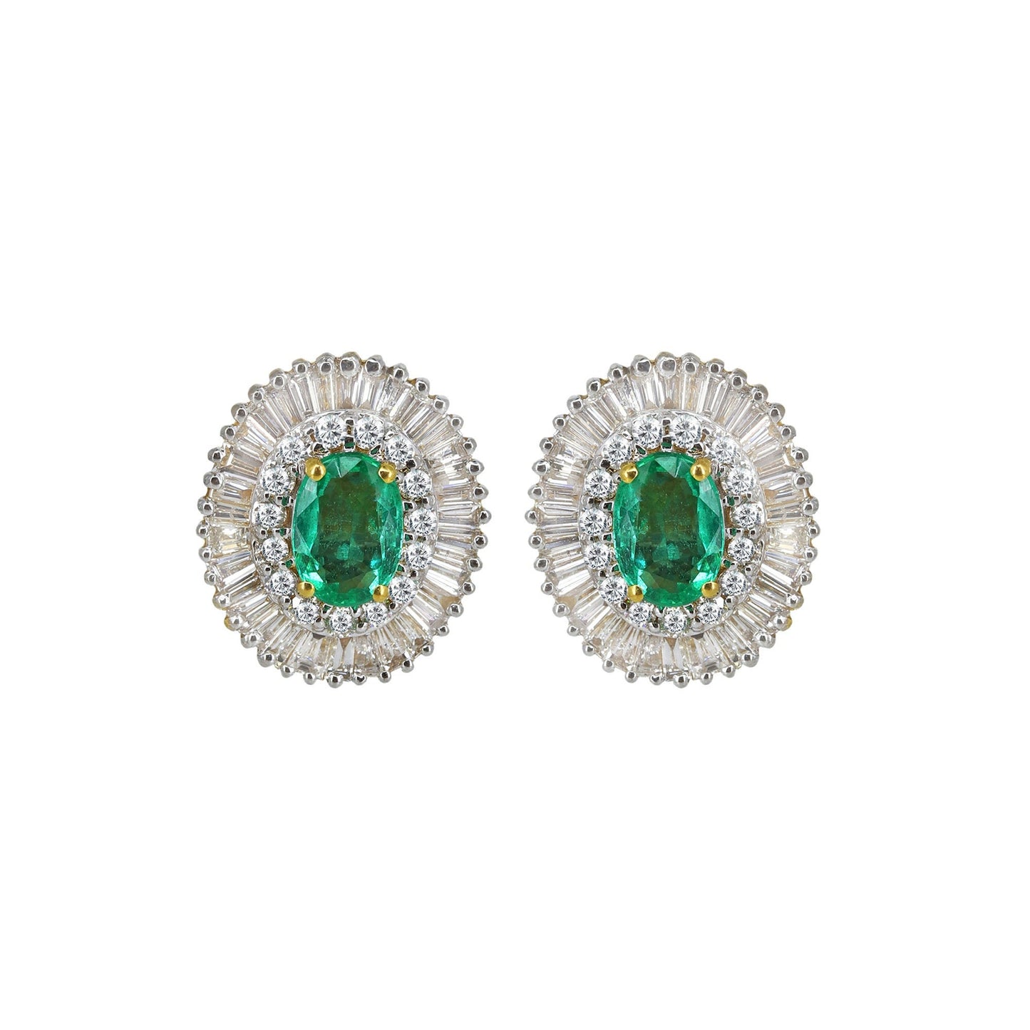 Yellow Studs Oval Cut Emerald & Tapered Baguette Cut Elegant Earring 18K Gold