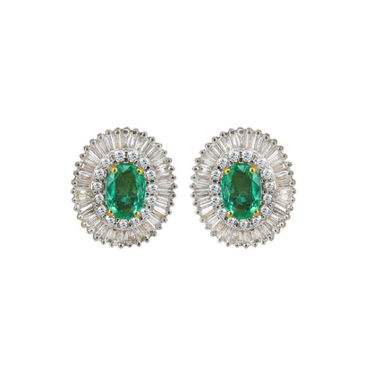 Yellow Studs Oval Cut Emerald & Tapered Baguette Cut Elegant Earring 18K Gold