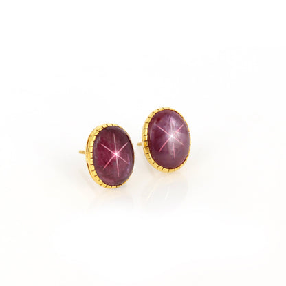 Oval Shape Star Ruby Studs Yellow Star Ruby Gemstone Earring 18K Gold