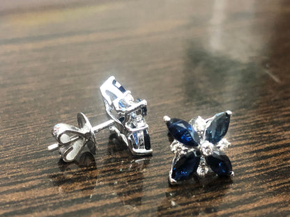 White Ear Studs Blue Sapphire Blue Sapphire Earring 14K Gold