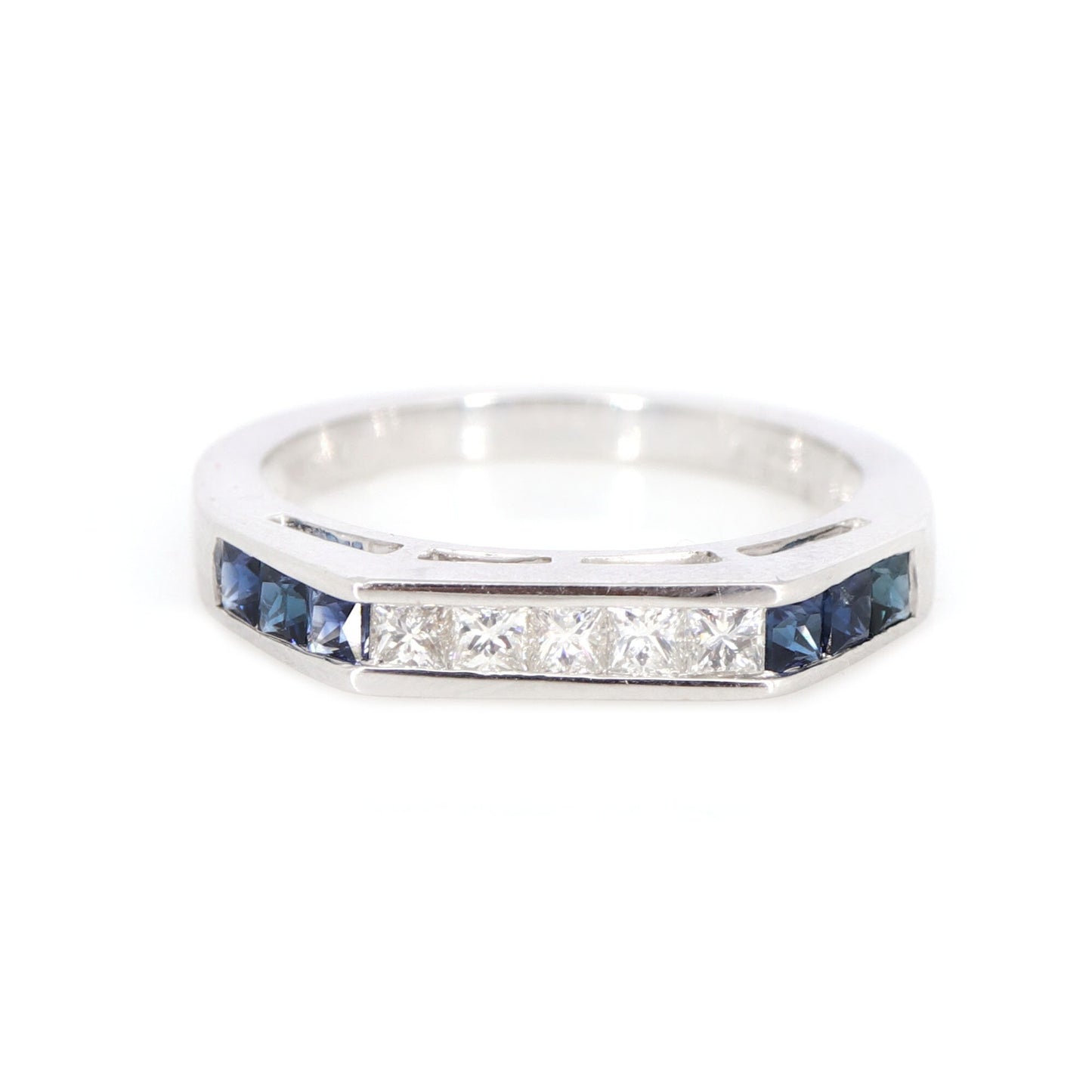 Unique Half Eternity Art Deco Wedding Band White Princess Cut Blue Sapphire Anniversary Unique Shape Band 18K Gold