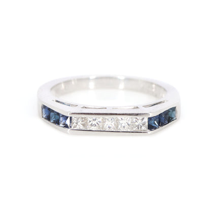 Unique Half Eternity Art Deco Wedding Band White Princess Cut Blue Sapphire Anniversary Unique Shape Band 18K Gold