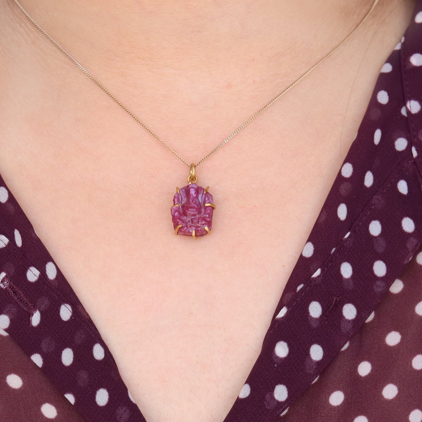 Ganesha Ruby Hand Carvings Gemstone Pendant 14K Gold
