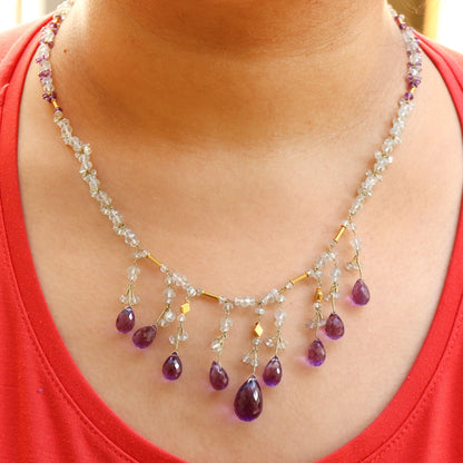 Purple Amethyst Checker Cut Gemstone Briolette Necklace 18K Gold