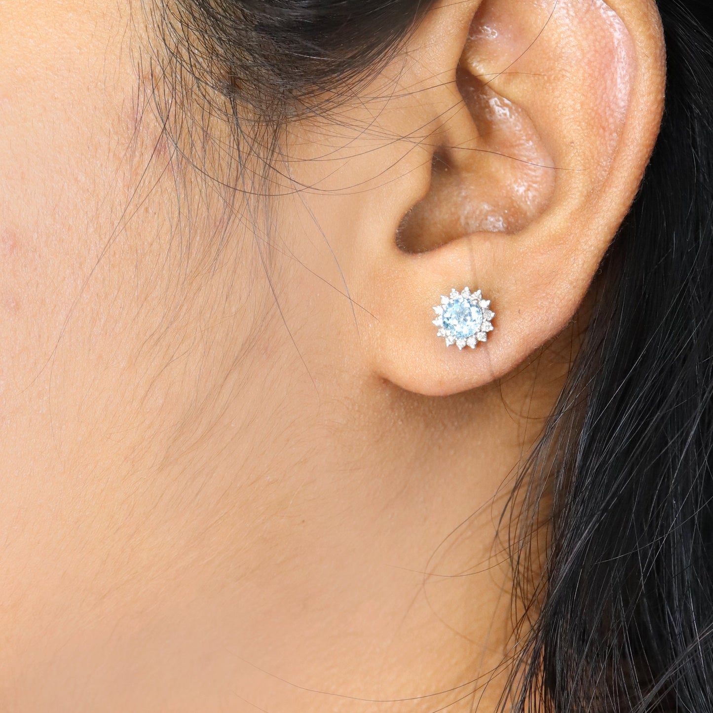 White Studs Studded Genuine Aquamarine & Round Stud Earring 14K Gold