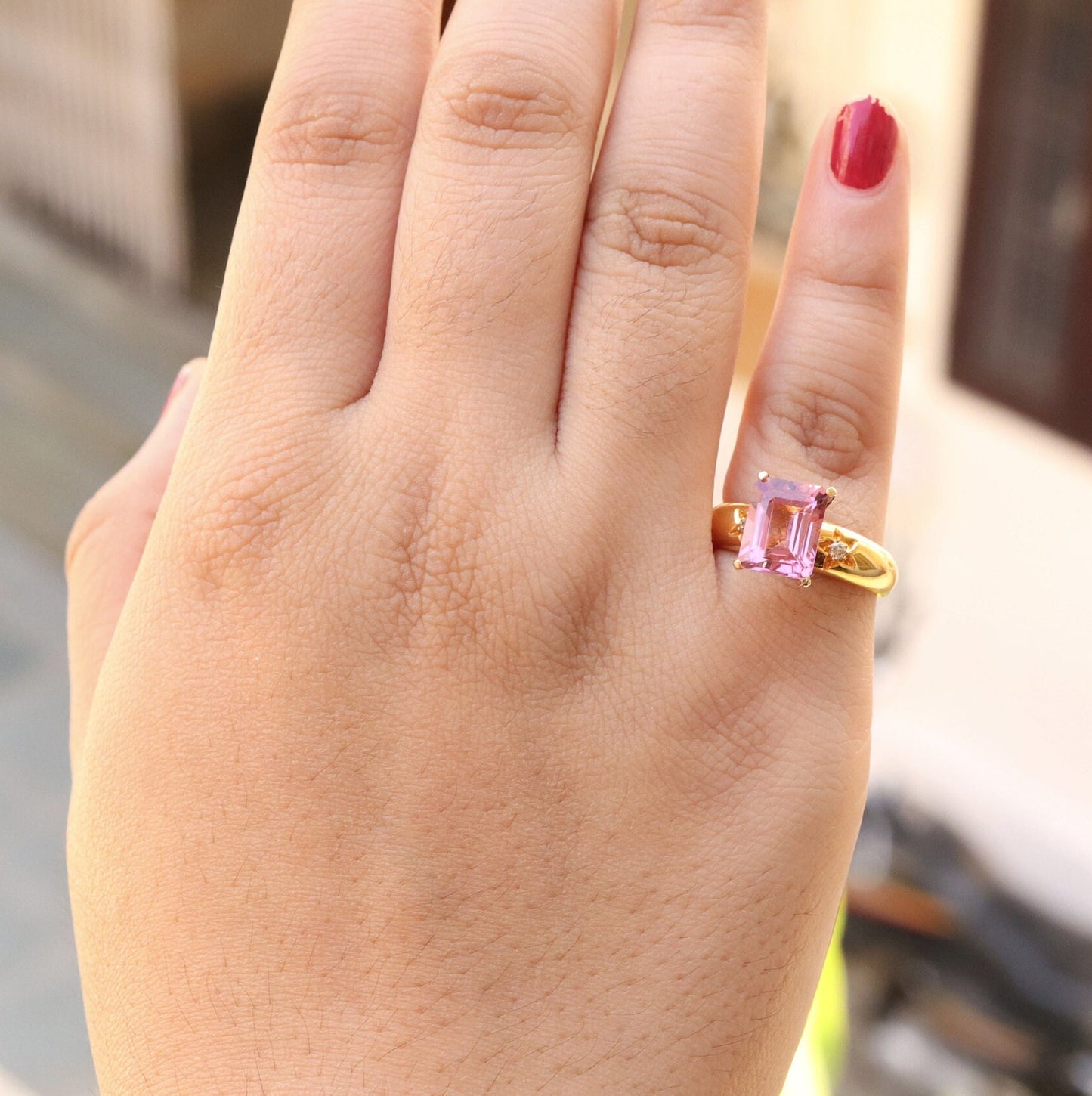 Baby Pink Tourmaline Wedding Band Classic Cocktail Ring 18K Gold