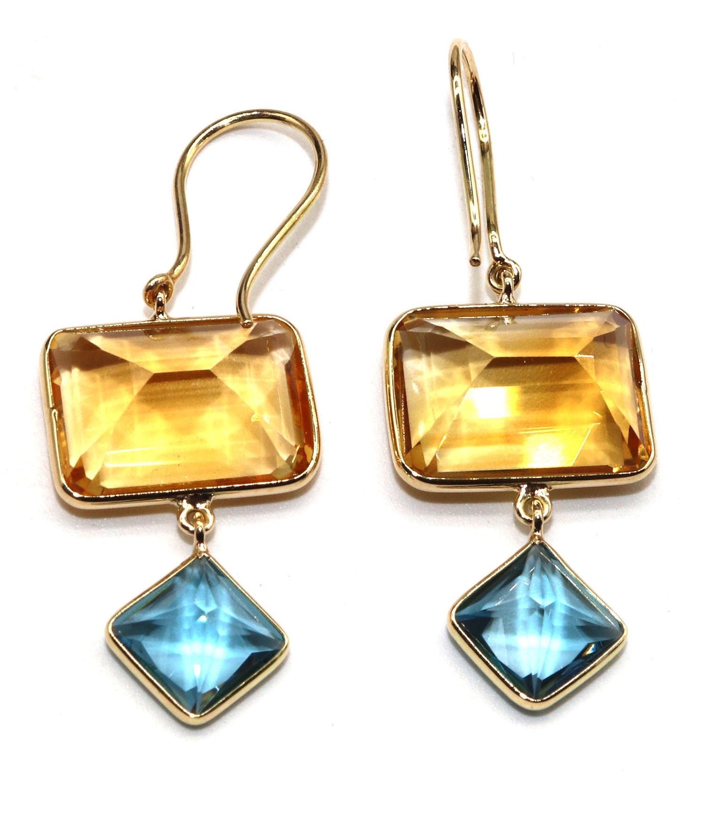 Yellow Handmade Blue Topaz Citrine Hanging Earring 18K Gold