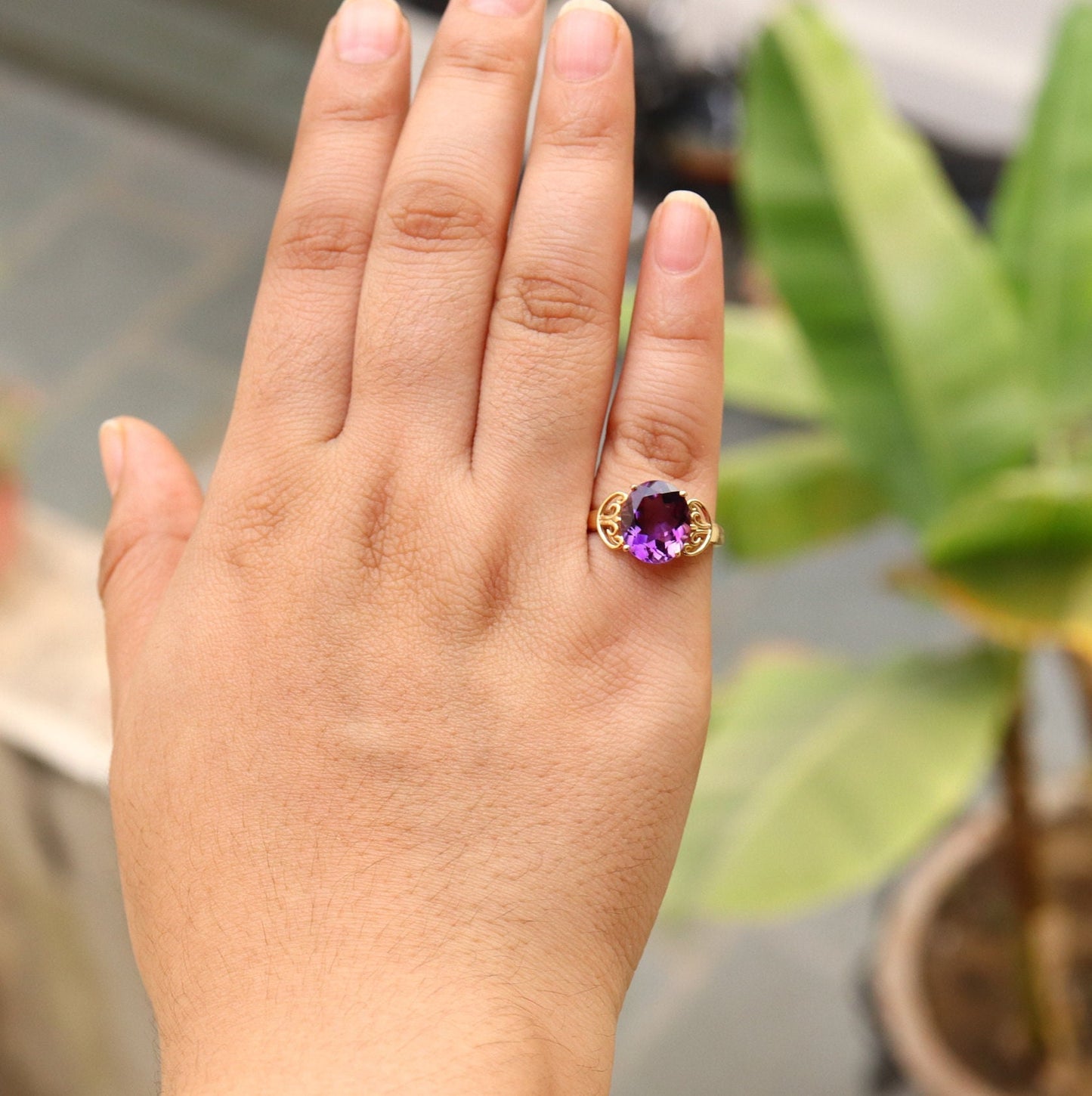 Filigree Style Yellow Purple Amethyst Ring 14K Gold