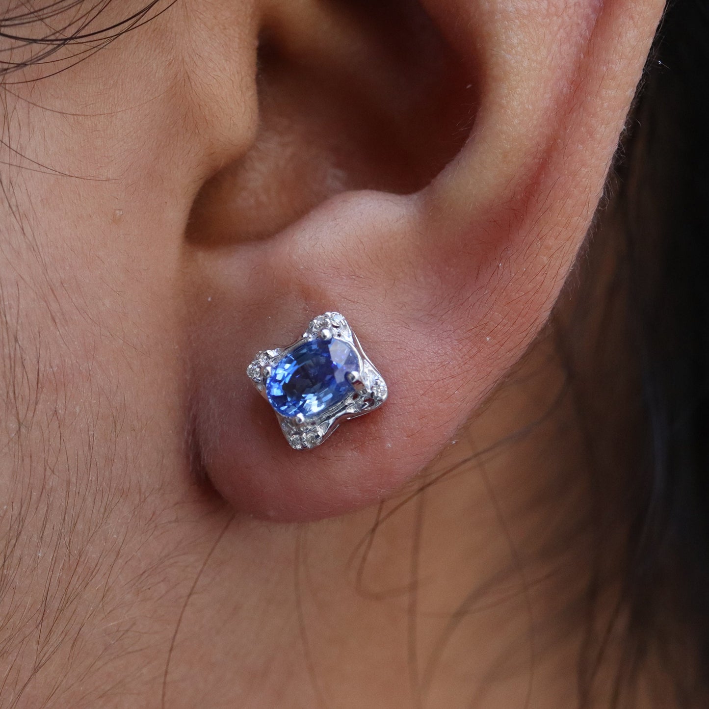 White Studded Blue Sapphire Earring 18K Gold