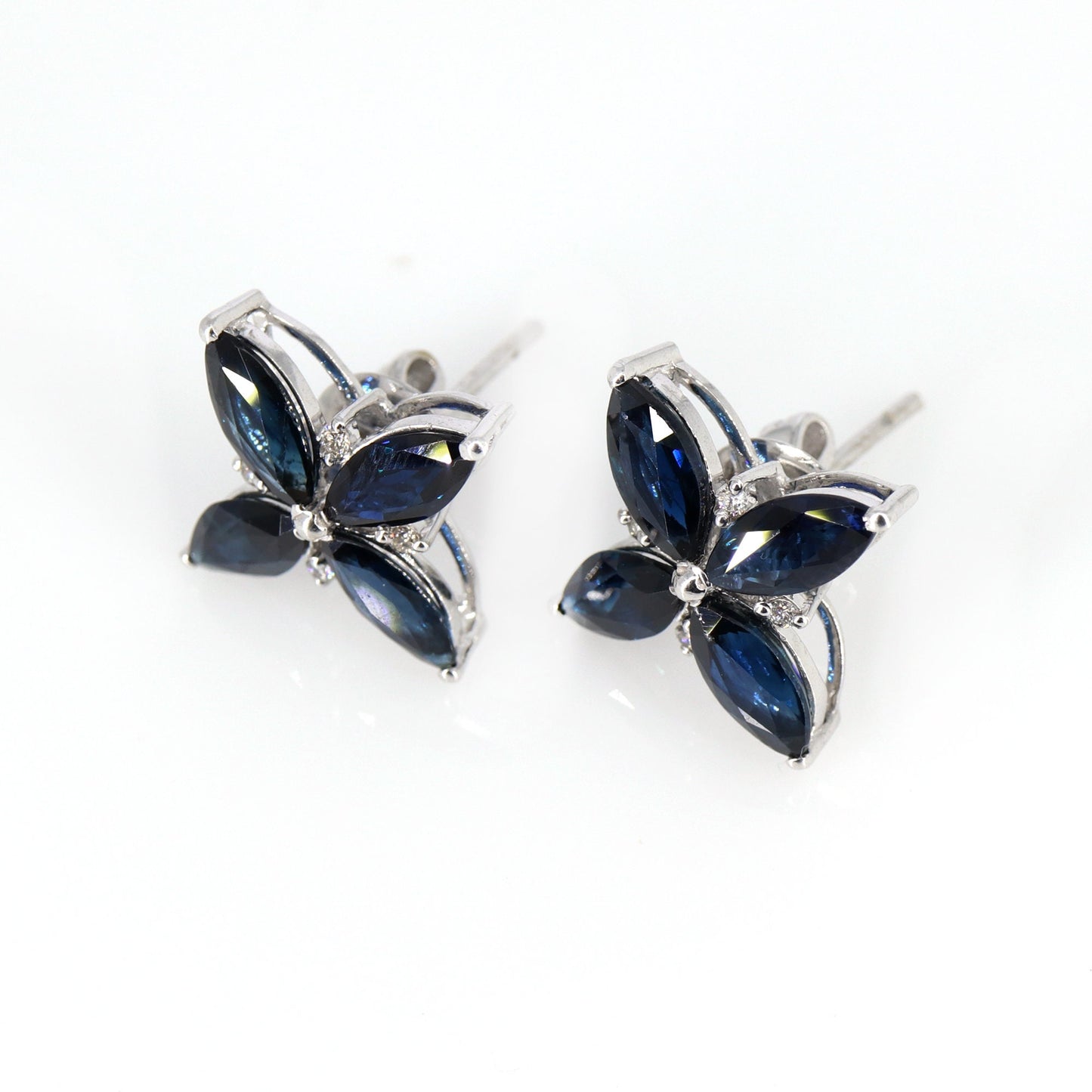 White Sapphire Studs Marquise Cut Blue Sapphire September Earring 14K Gold