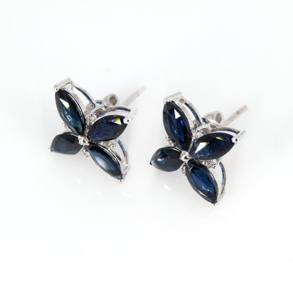 White Sapphire Studs Marquise Cut Blue Sapphire September Earring 14K Gold