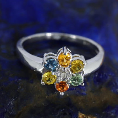 Round Cut Multi Sapphire & Ring Silver