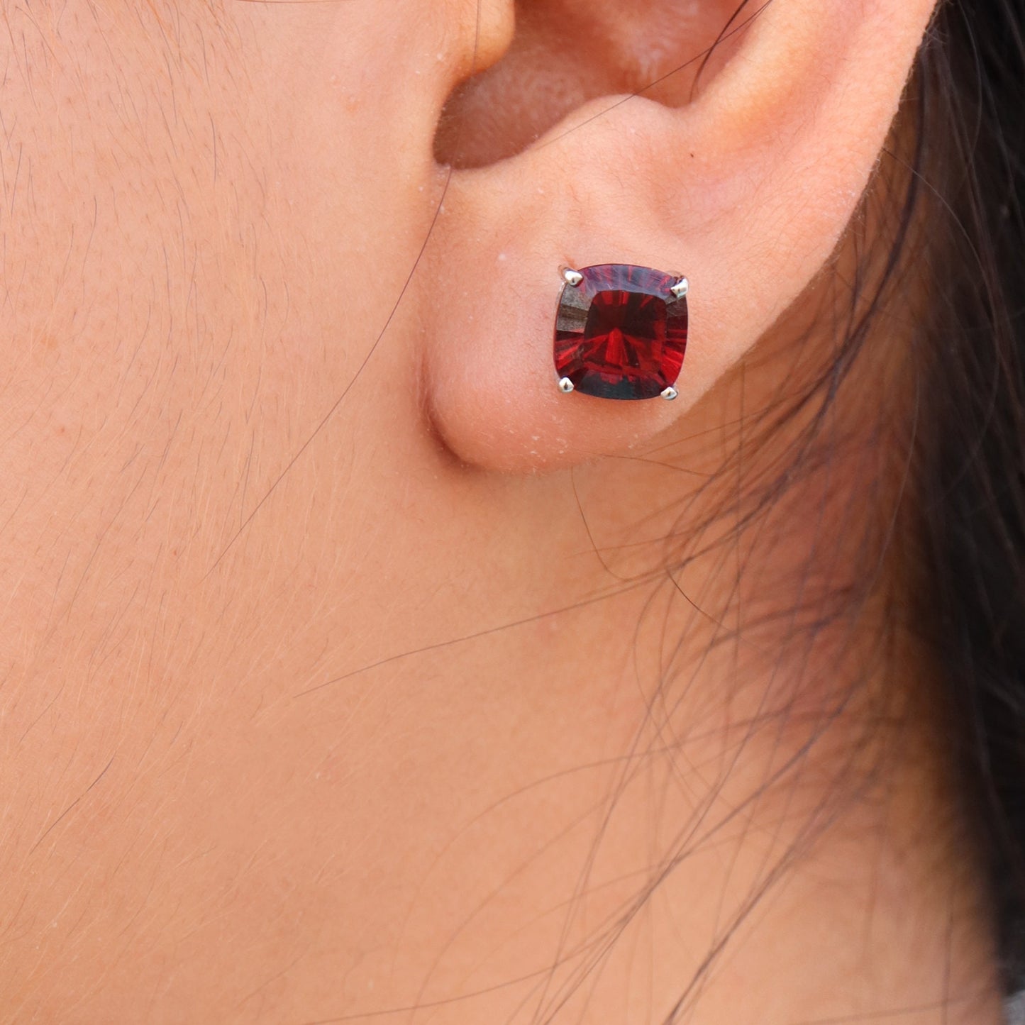 White Garnet Studs: Square Cushion January 18K Gold