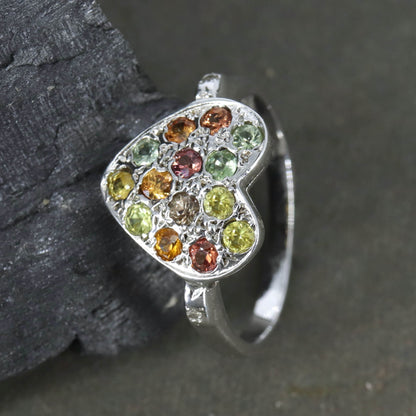 Heart Shape Multi Sapphire Sterling Ring Silver