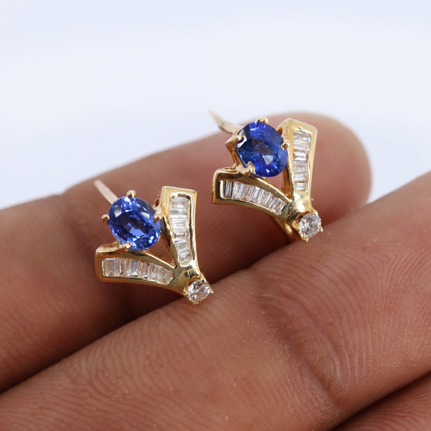 Yellow Studded Blue Sapphire Studs Baguette Cut Round Earring 14K Gold