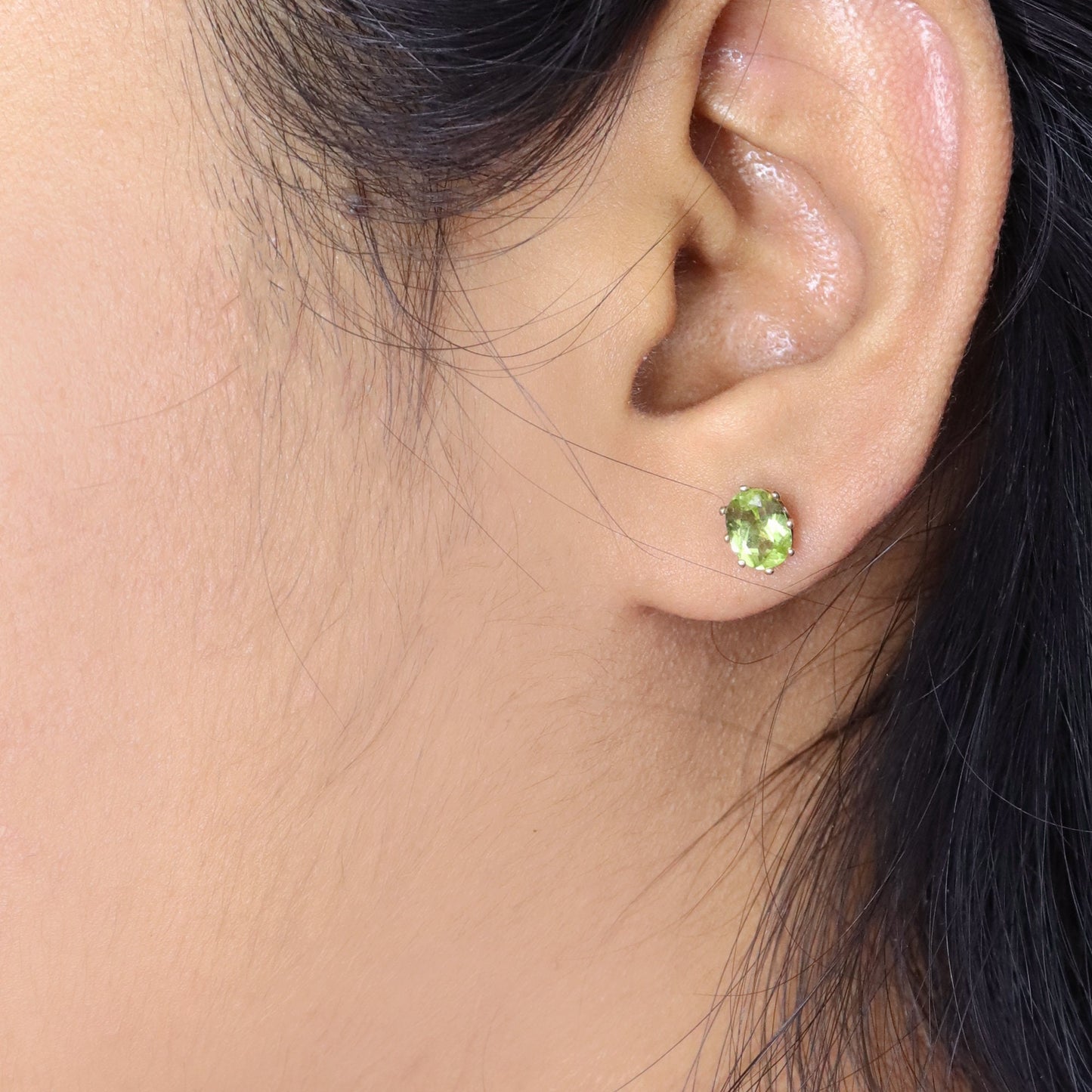 Tiny Oval Cut Green Peridot Gemstone Studs 9K Yellow Peridot Earring Gold