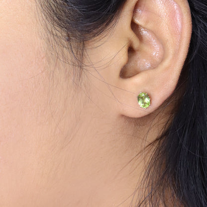 Tiny Oval Cut Green Peridot Gemstone Studs 9K Yellow Peridot Earring Gold