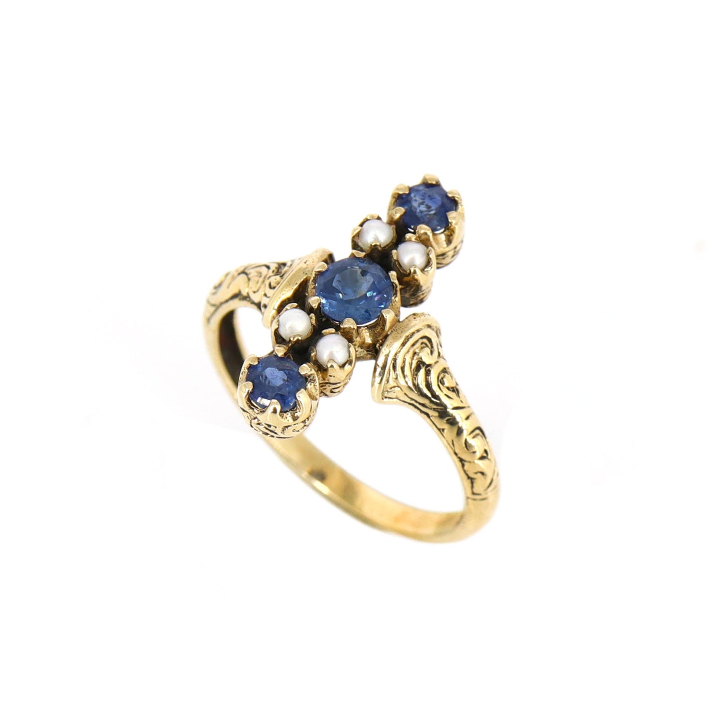 Antique Georgian 9K Yellow Baroque Pearl Sapphire Ring Gold