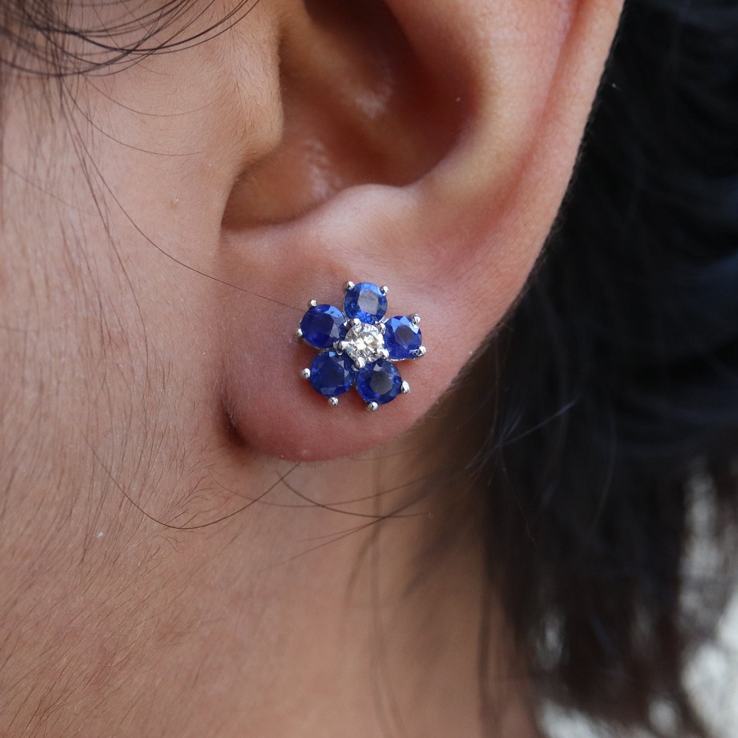 11Mm White Studded Blue Sapphire Earring 14K Gold