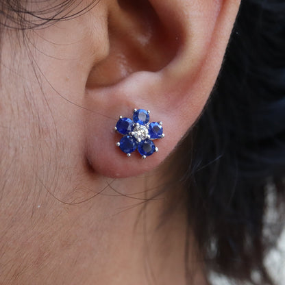 11Mm White Studded Blue Sapphire Earring 14K Gold