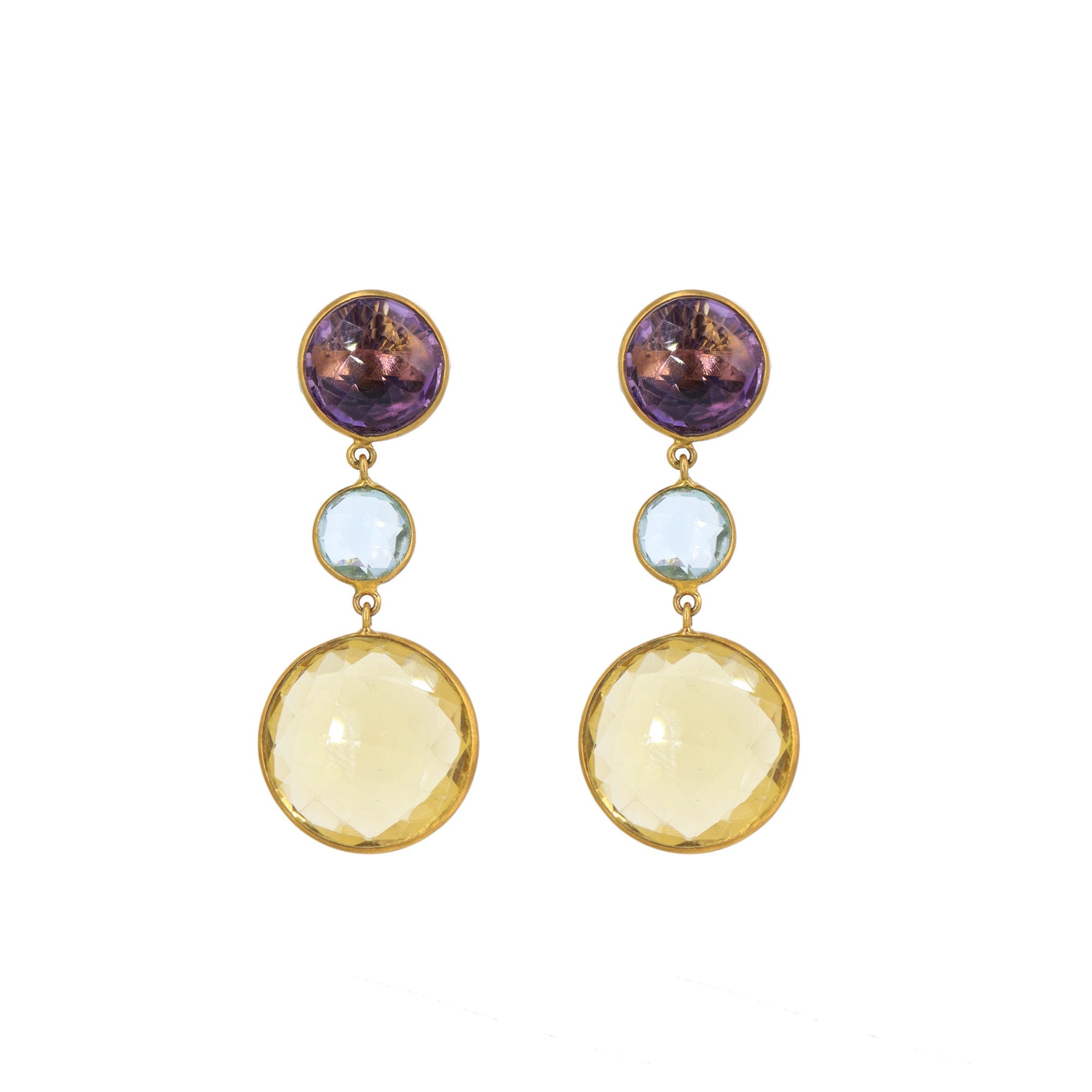 Amethyst Blue Topaz Beer Quartz Earring 18K Gold