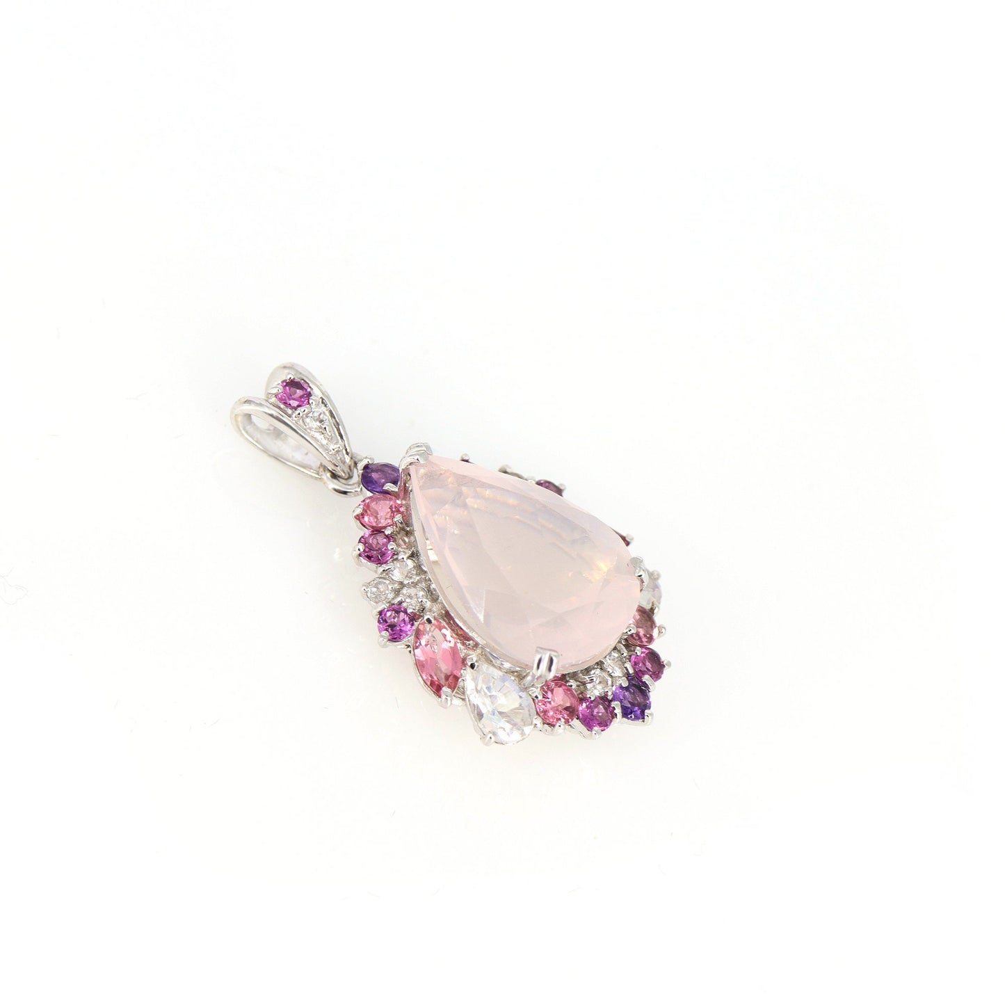 White Rose Quartz Multi Color Tourmaline Pendant 18K Gold