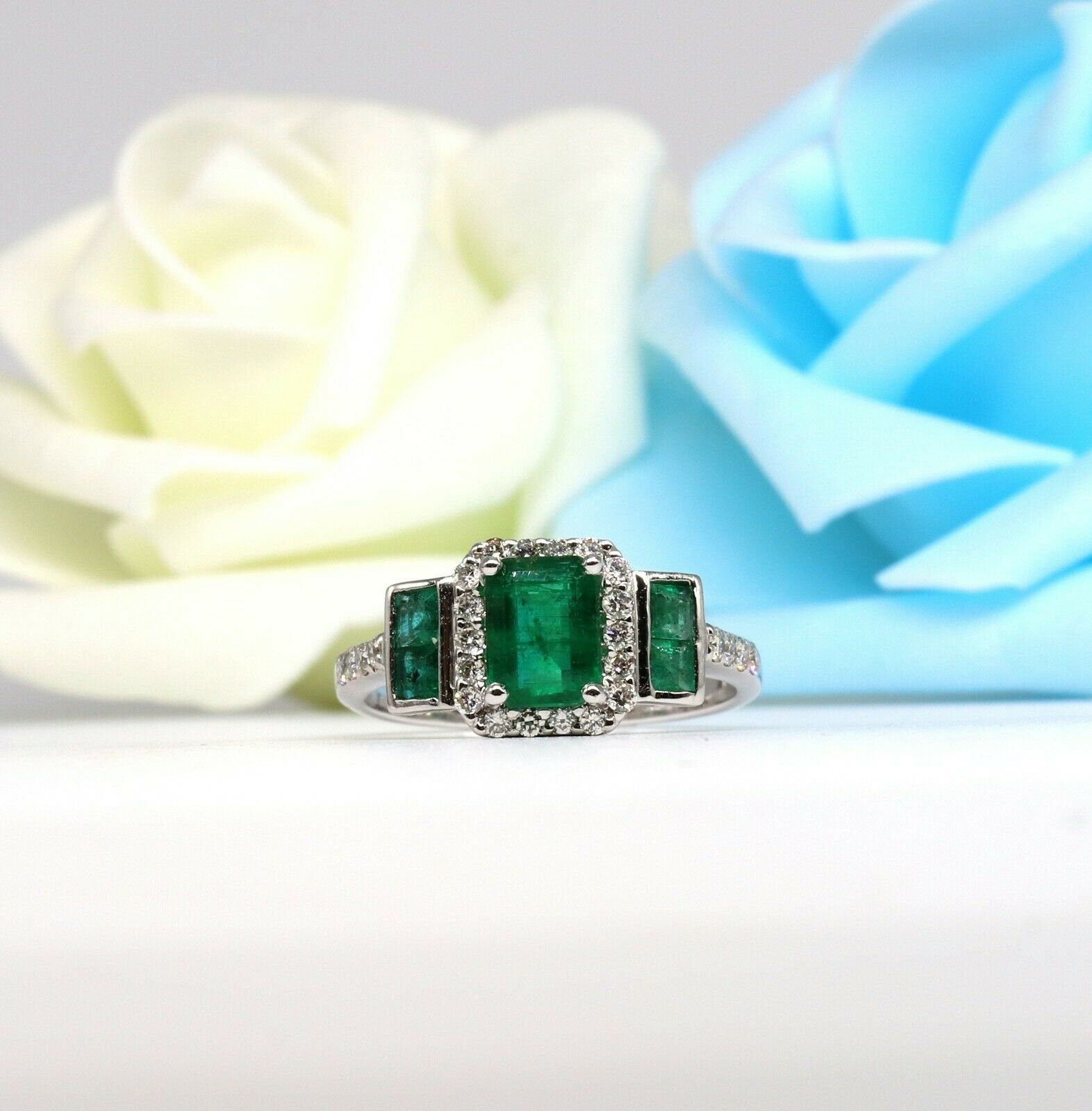 Handmade Emerald Cut Emerald & White Ring 18K Gold