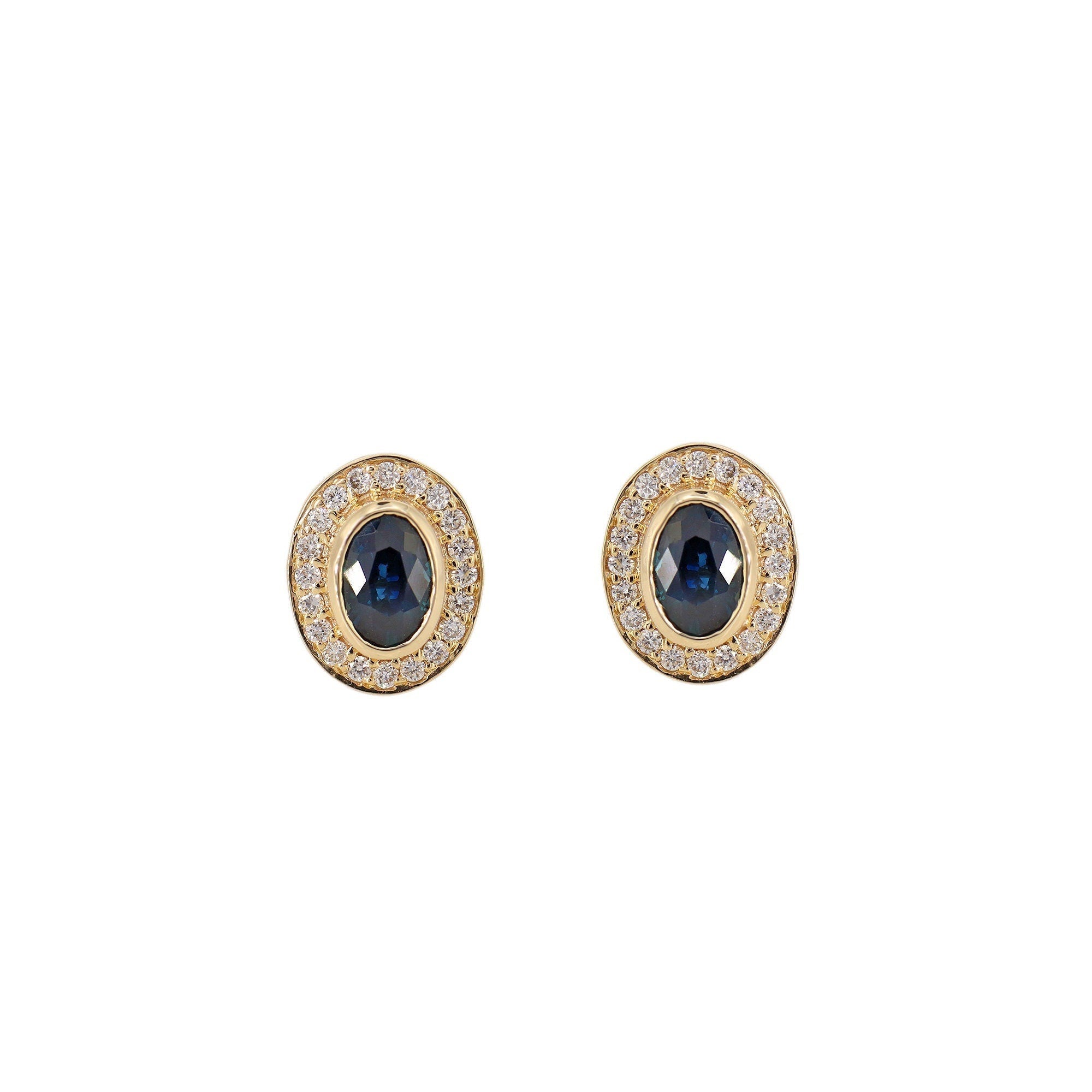 Yellow Studs Blue Sapphire Bezel Setting Fine Sapphire Earring 14K Gold