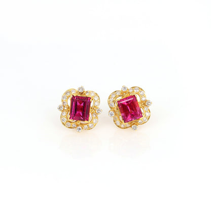 Genuine Pink Tourmaline Tourmaline Gemstone Stud Earring 18K Gold