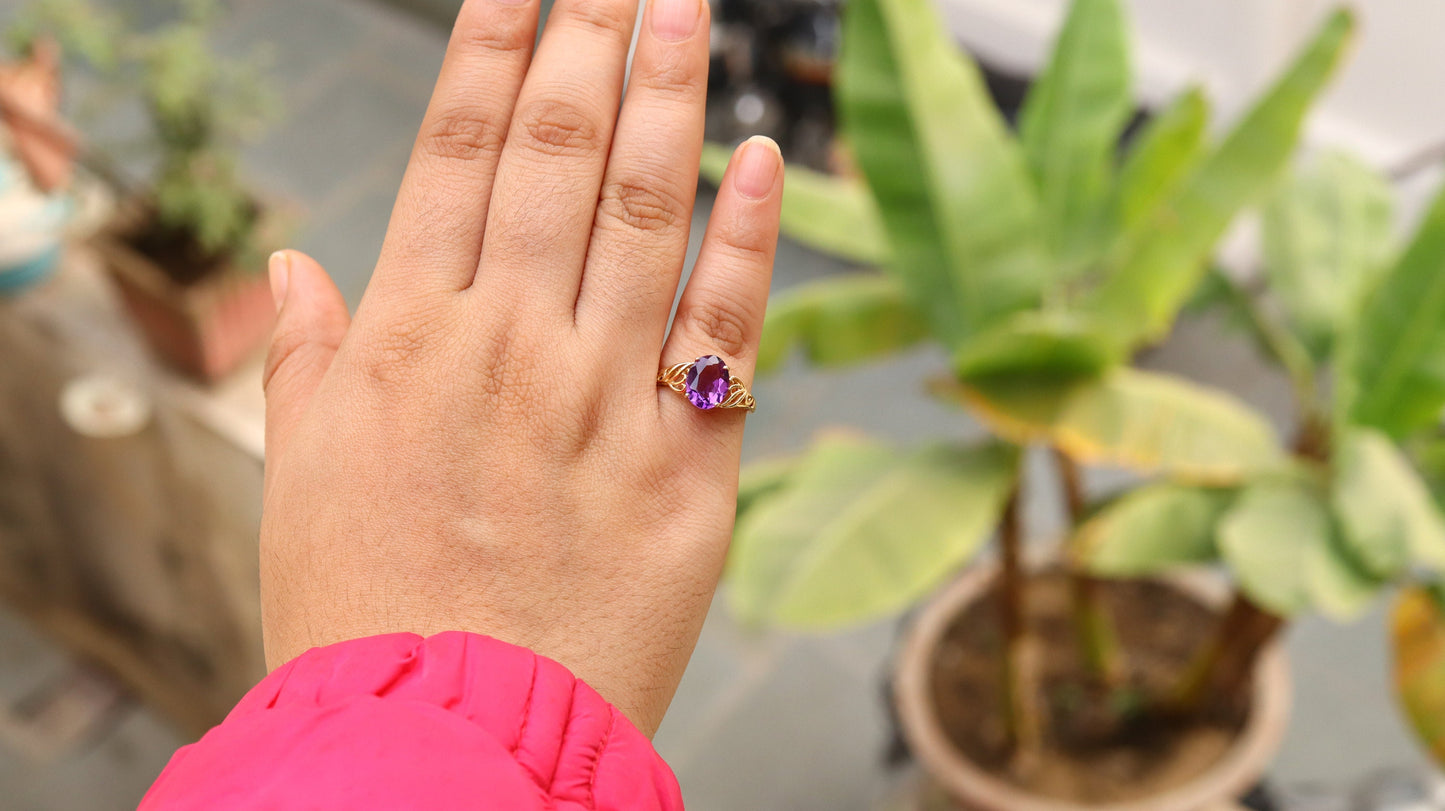 Detailed Genuine Amethyst Ring 14K Gold