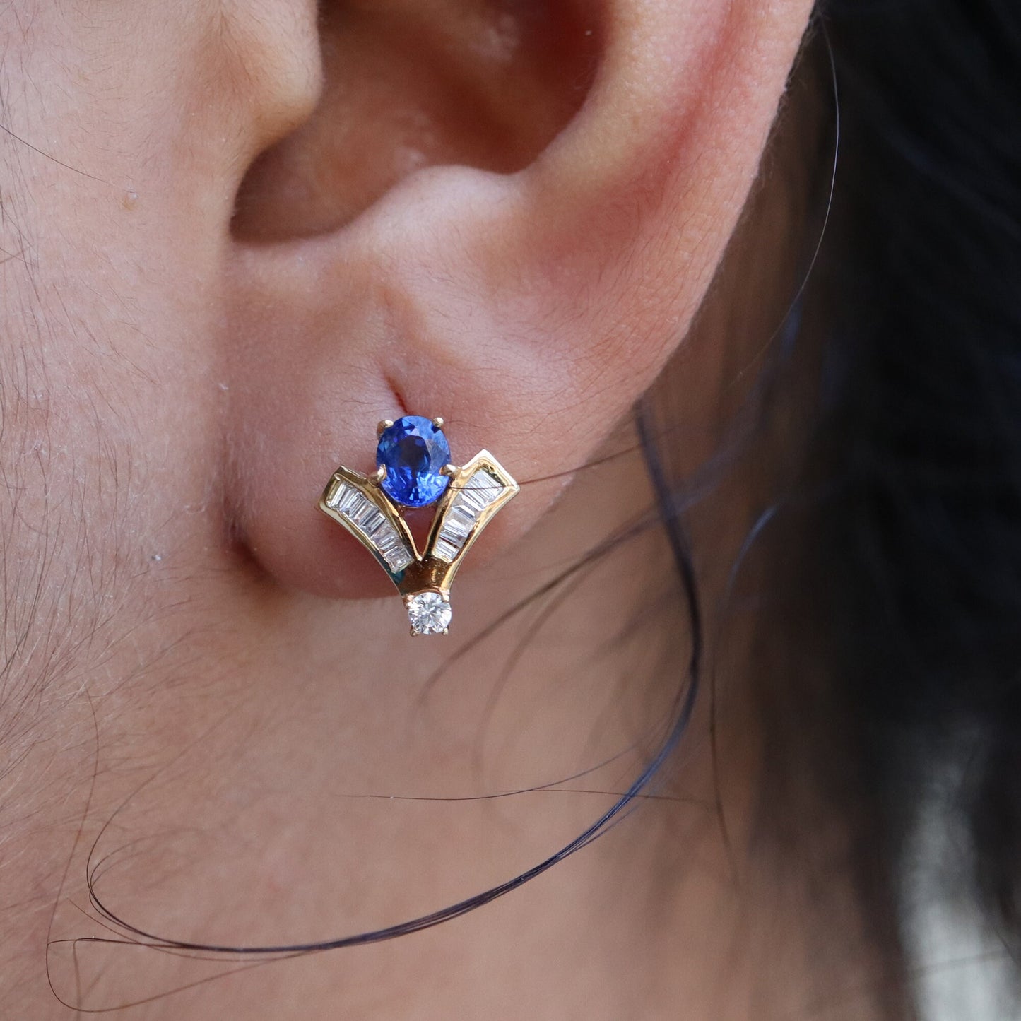 Yellow Studded Blue Sapphire Studs Baguette Cut Round Earring 14K Gold