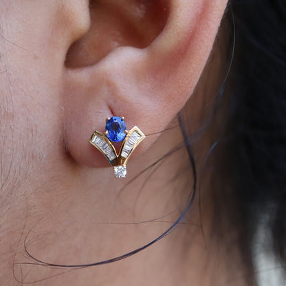 Yellow Studded Blue Sapphire Studs Baguette Cut Round Earring 14K Gold