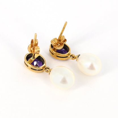 Amethyst Pearl Drop Earring Gold