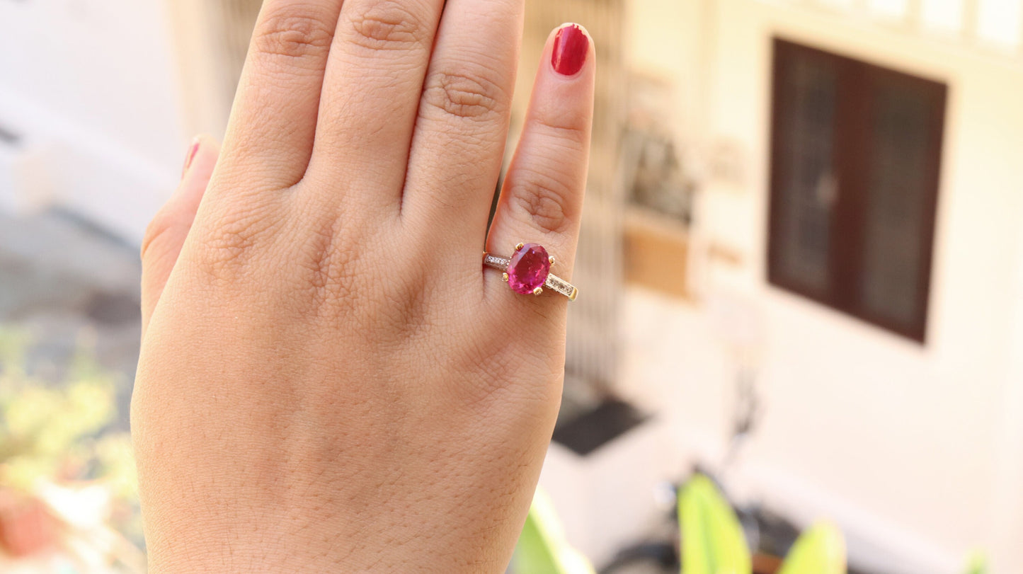 Nice Dark Pink Tourmaline Yellow Ring 18K Gold
