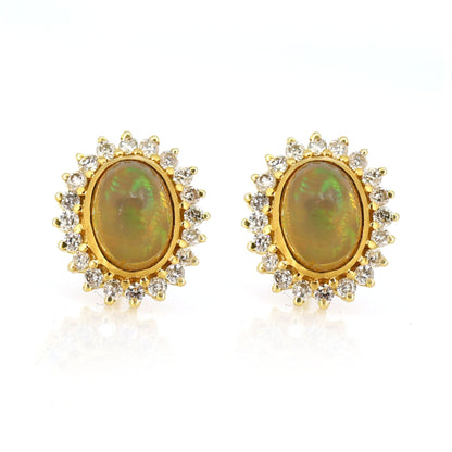 Vintage Yellow White Opal & White Tiny Stud Earring 14K Gold
