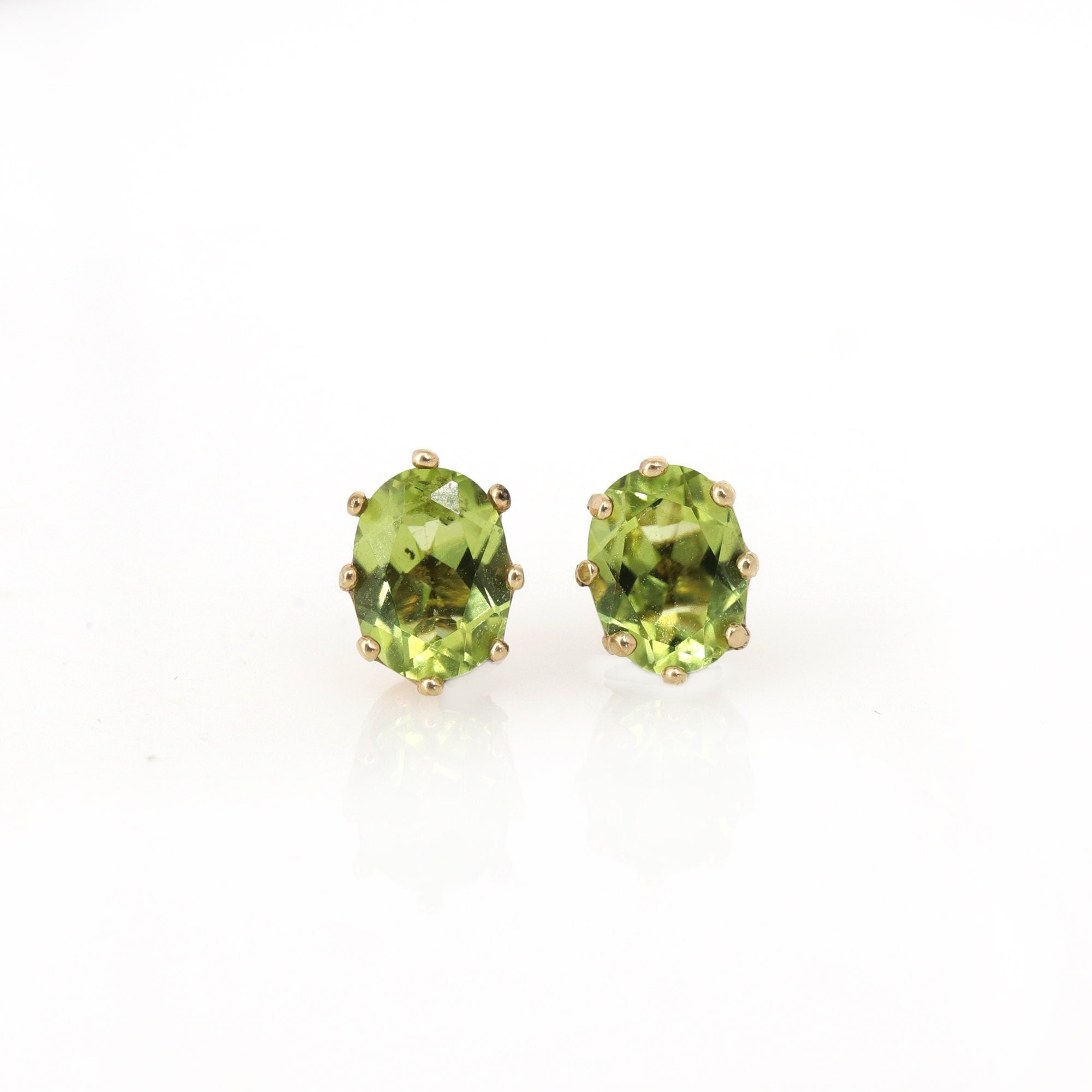 Tiny Oval Cut Green Peridot Gemstone Studs 9K Yellow Peridot Earring Gold