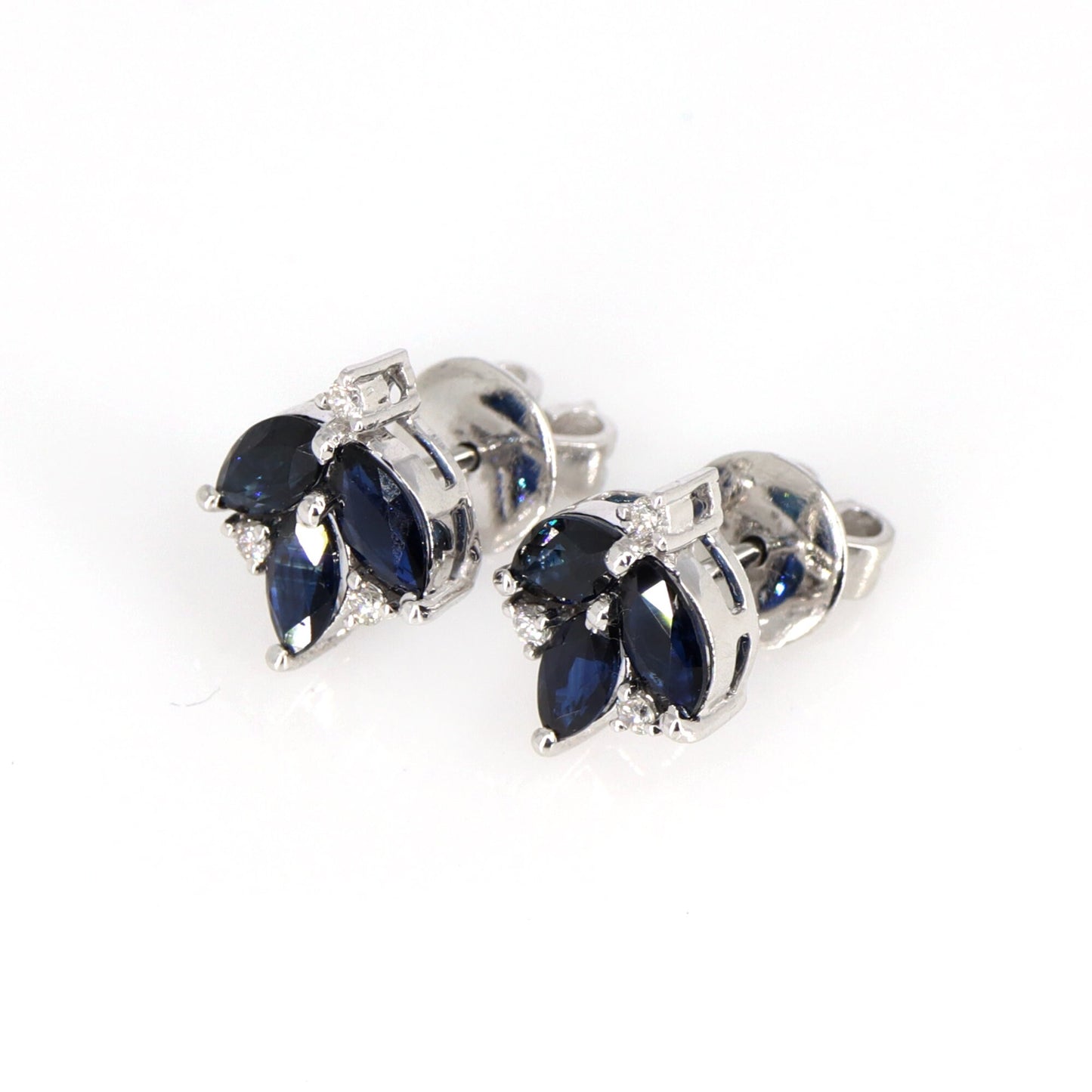 Lotus Style Studs White Sapphire & Studs Marquise Cut Blue Sapphire September 14K Gold