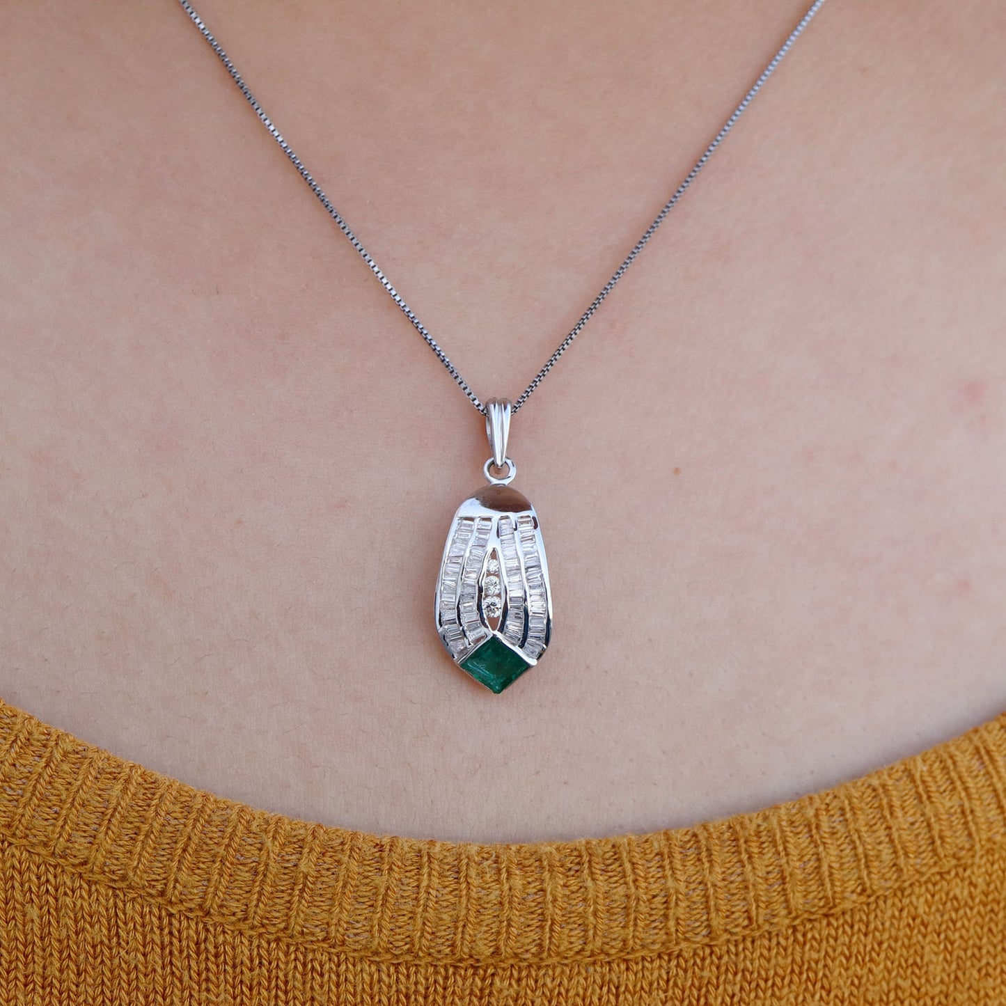 White Princess Cut 0.54 Emerald Tapered Brilliant Round Cut Pendant 14K Gold